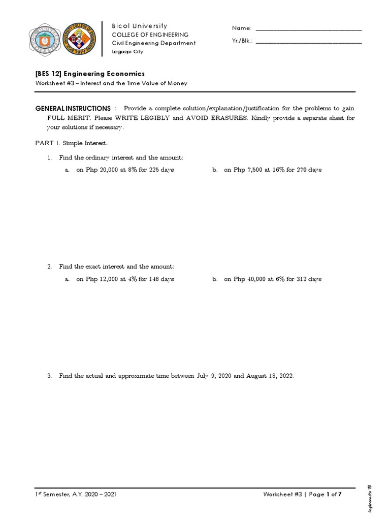 Engineering Economics: Interest Worksheet | PDF | Interest | Present Value