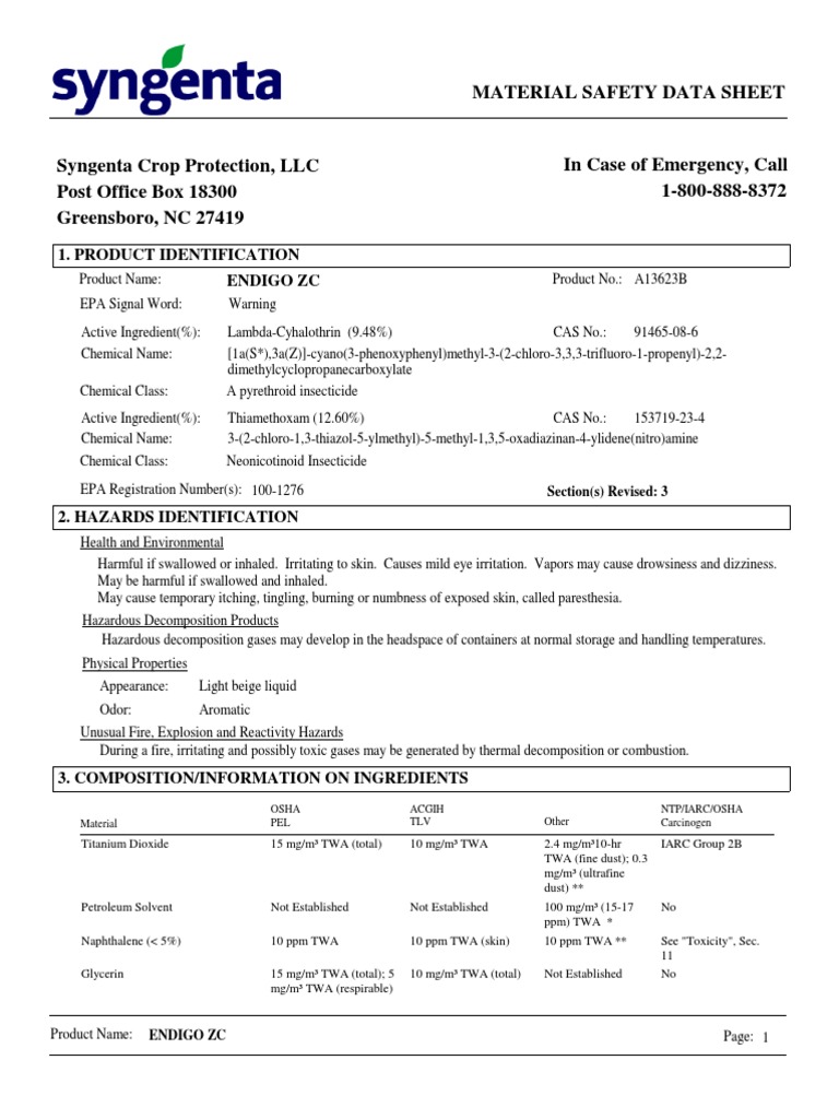 Endigo ZC Insecticide Safety Data | PDF | Dangerous Goods | Toxicity