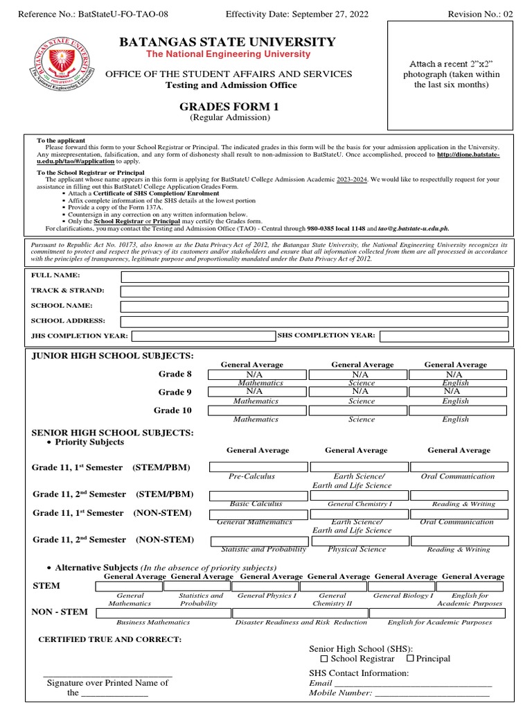BatStateU Grades Form 1 for Admission | PDF | Science | Science ...