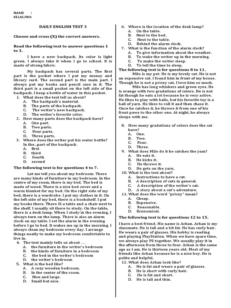Daily English Test 3 Kelas 7 20202021 Pdf