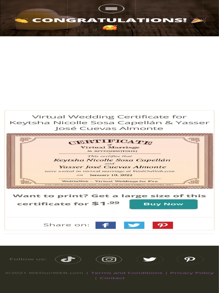 Marriage Certificate Virtual Weddings For Fun by WEDonWEB PDF
