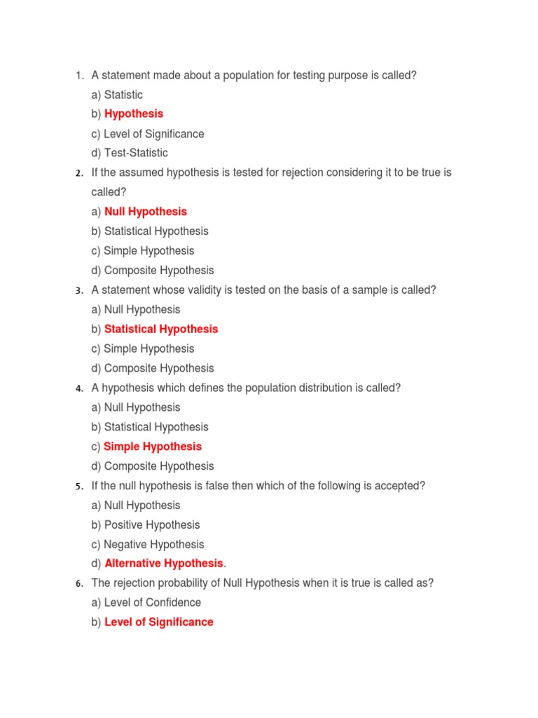 Hypothesis Testing Concepts MCQ Guide | PDF | Type I And Type Ii Errors ...