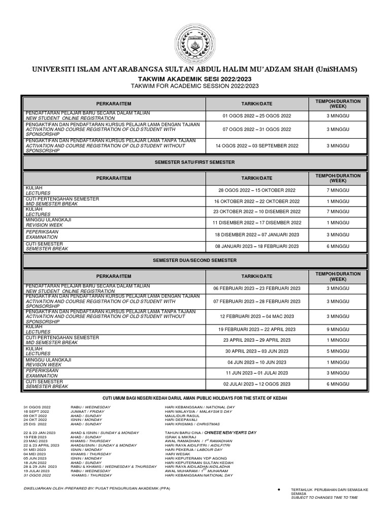 Unishams academic calendar 2022 2023 a comprehensive schedule of key