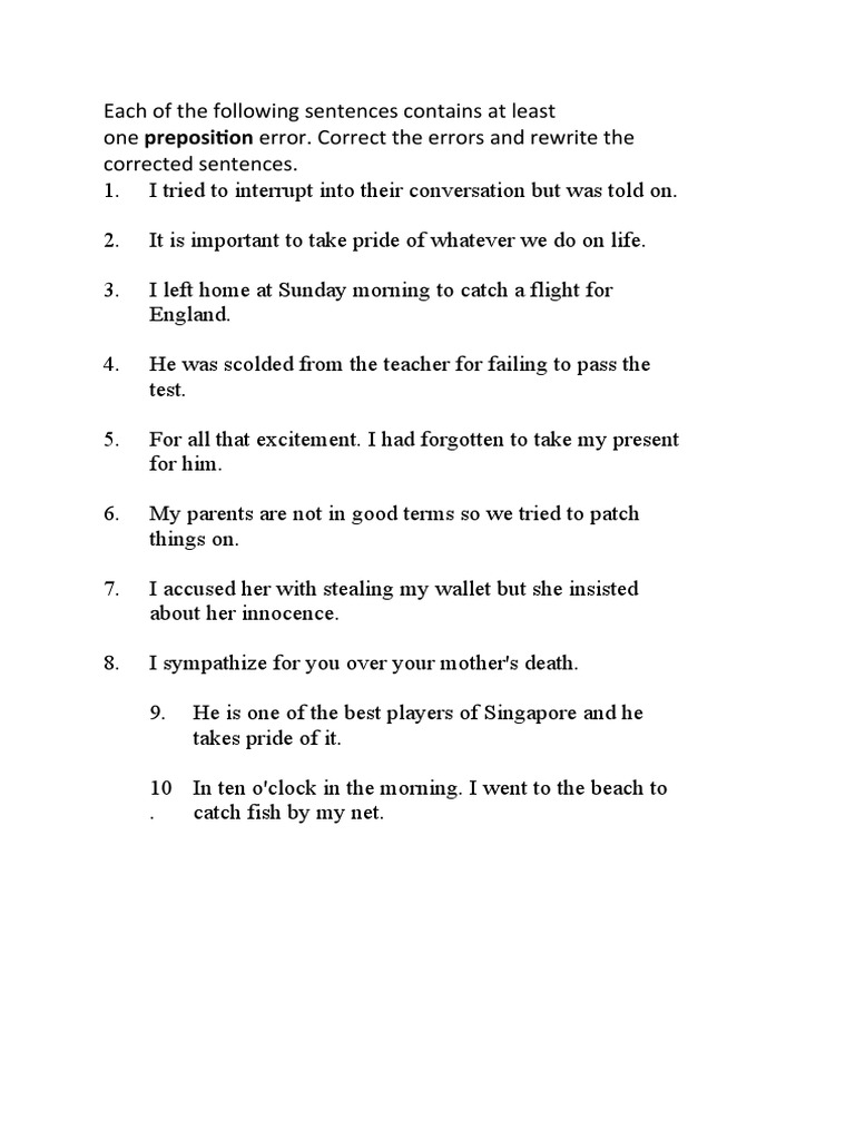Preposition Error Correction Exercises | PDF
