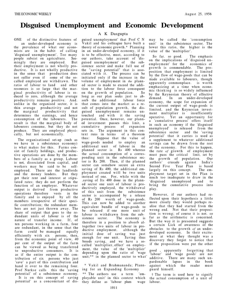 Disguised Unemployment and Economic Development PDF Labour Economics Unemployment