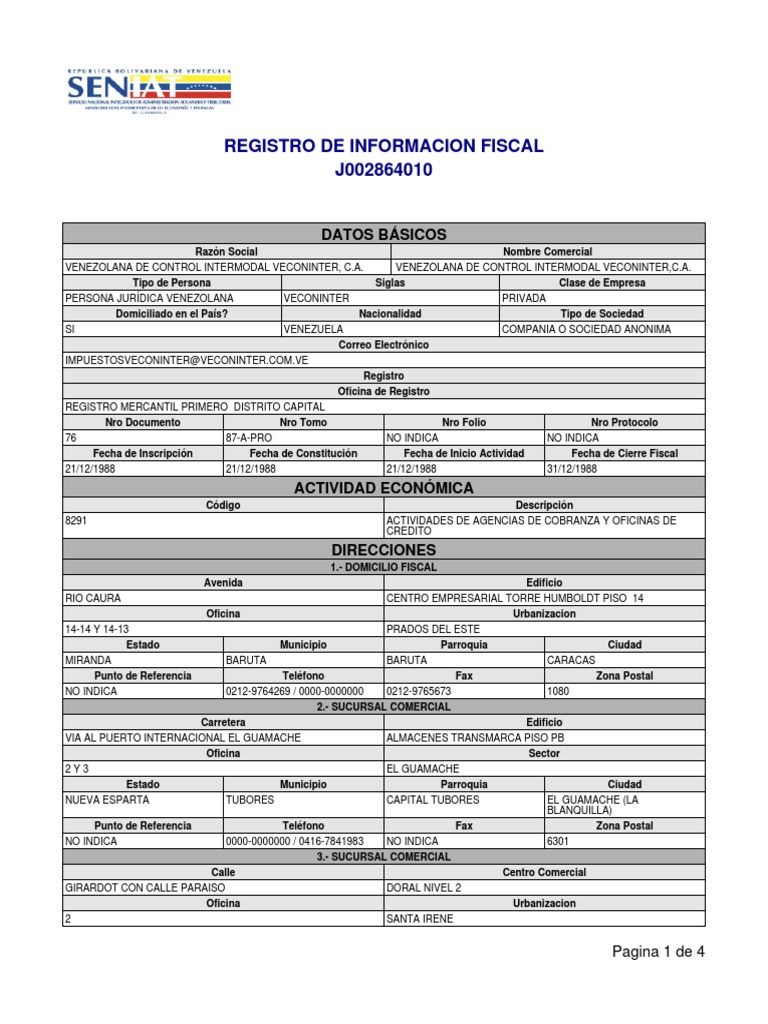 Registro Fiscal de Veconinter, C.A. | PDF | Impuestos | Contribuyente