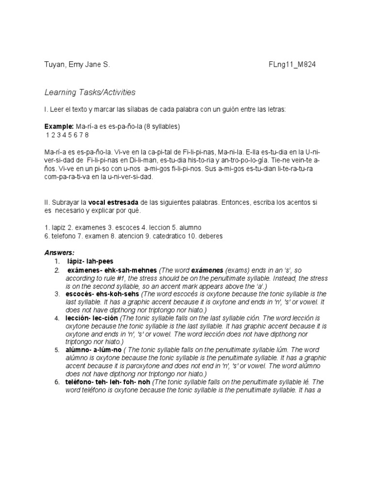 Spanish M1L2 - Learning Tasks and Activities and Assessment (1 ...