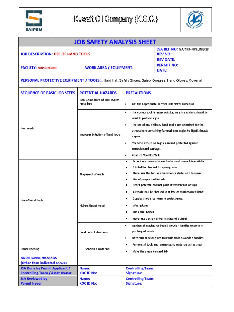 JSA 28 Use of Hand Tools PDF Hammer Safety