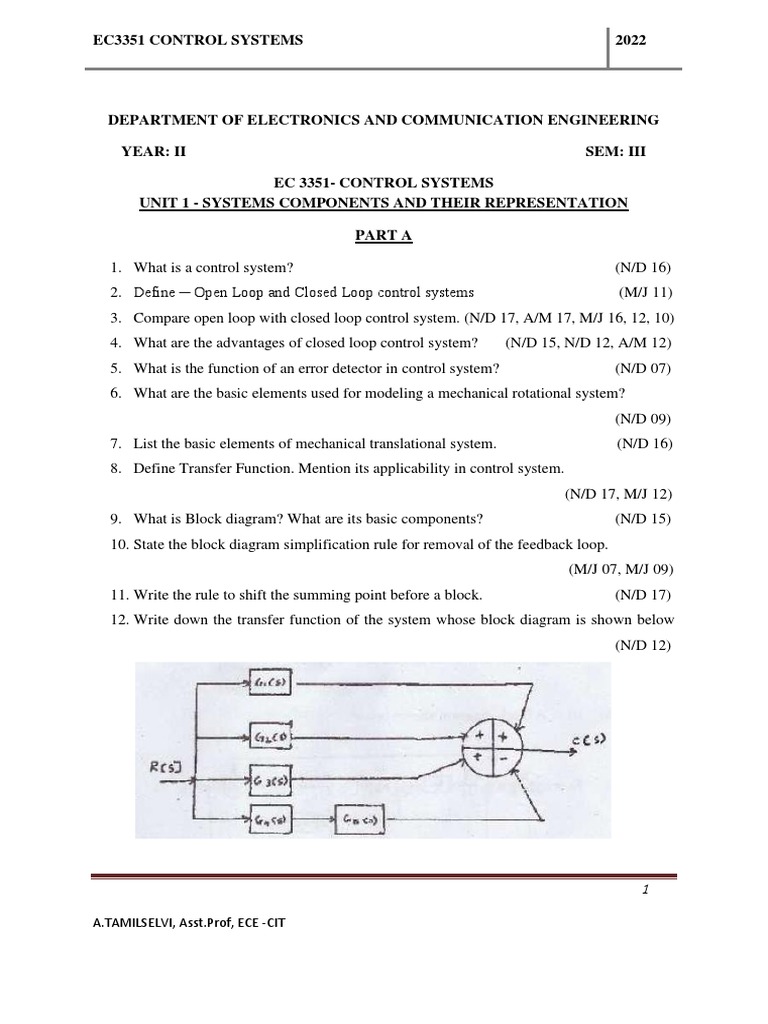 Analysis of Control System Components and Their Representation Through