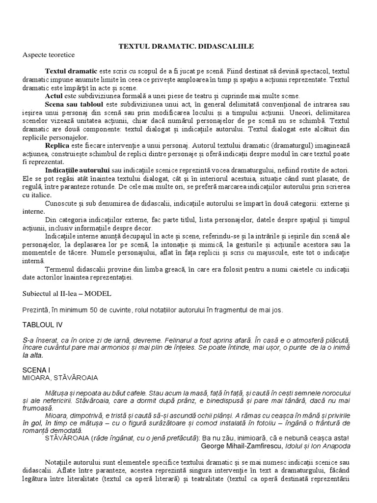Textul Dramatic - Didascaliile | PDF