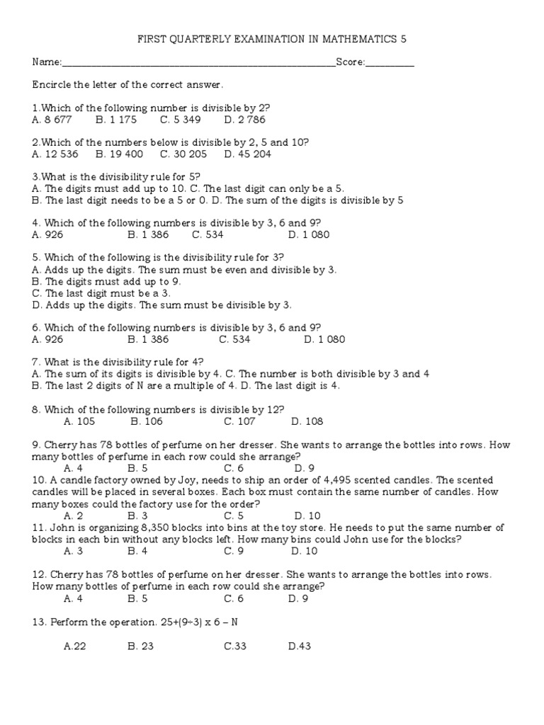 First Quarter Examination Math 5 2022 2023 | PDF | Flour | Foods