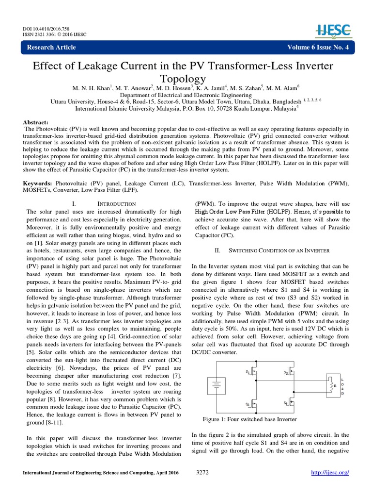 .Effect of Leakage Current in The PV Transformer-Less Inverter Topology ...