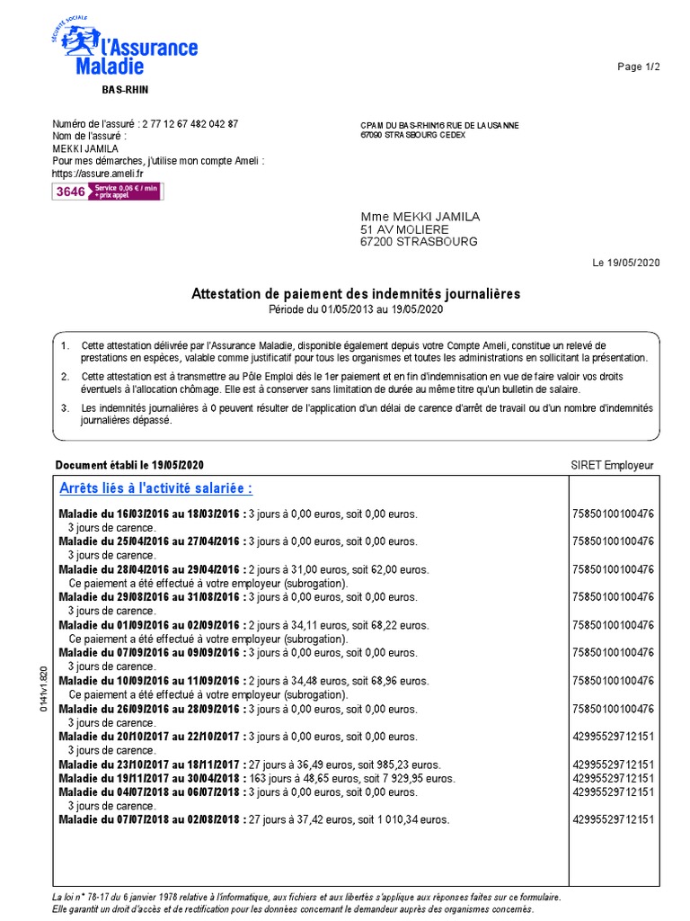 Attestation de paiement IJSS CPAM | PDF | Congé maladie | Droit privé