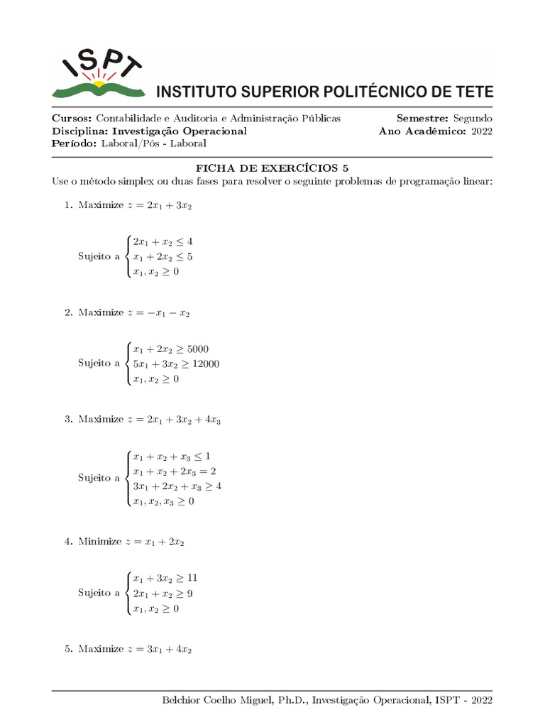 Ficha 5 - Metodo Simplex e Duas Fases | PDF