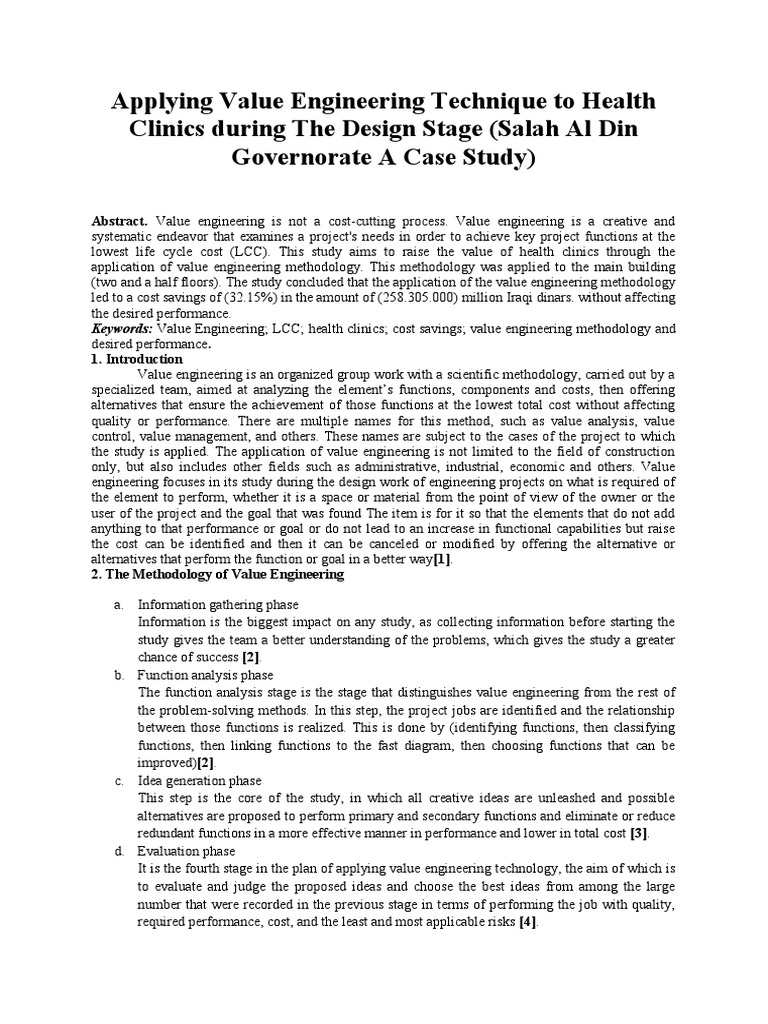 Applying value engineering technique to health clinics during the