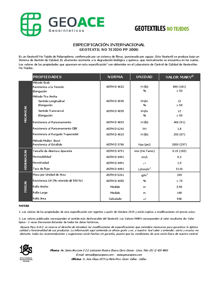 Especificaciones Geotextil No Tejido 200g | PDF | Tecnología