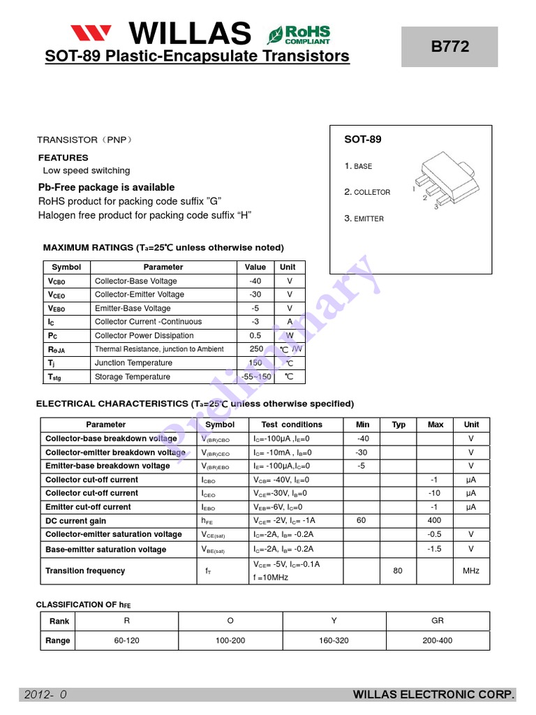 b772 Transistor PNP Sot 89 (40v-3a-60hfe) | PDF | Transistor | Bipolar ...