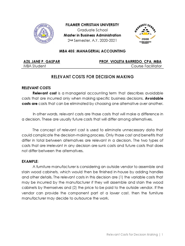 MBA-405 - Topic 8 - Relevant Cost For Decision Making | PDF ...