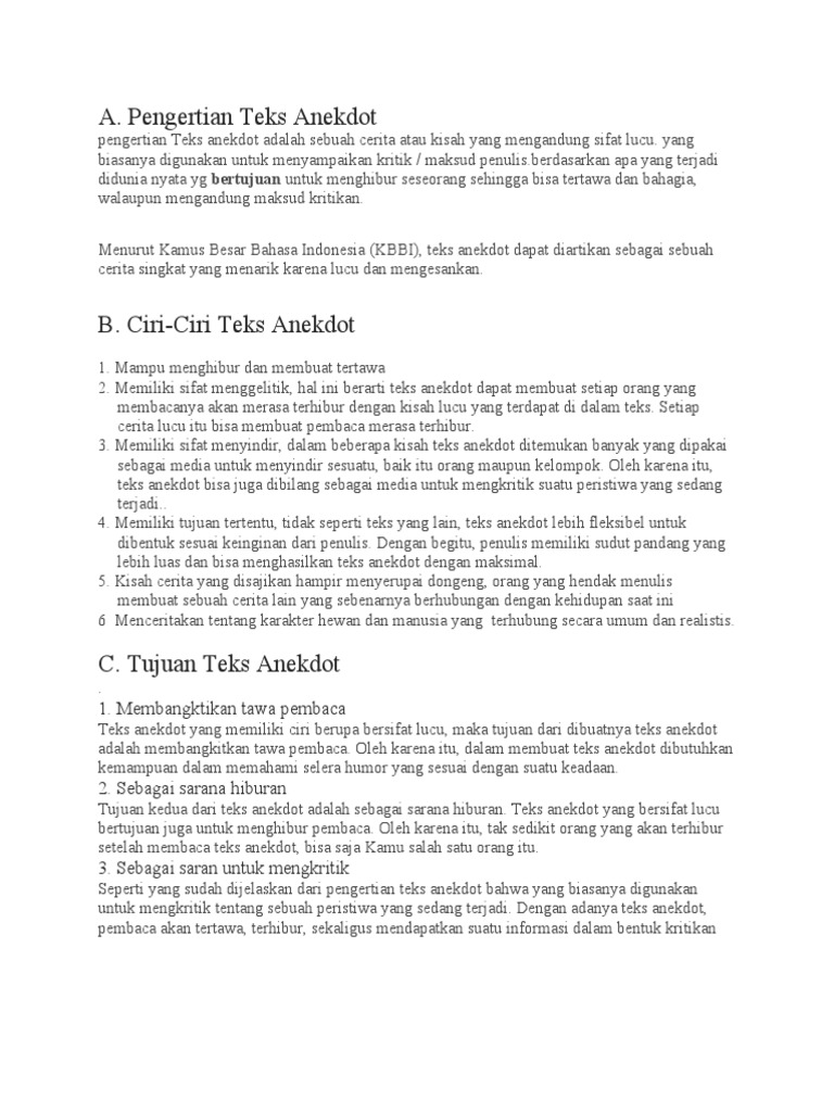Ciri dan Tujuan Teks Anekdot | PDF | Seni & Disiplin Bahasa | Fiksi Umum