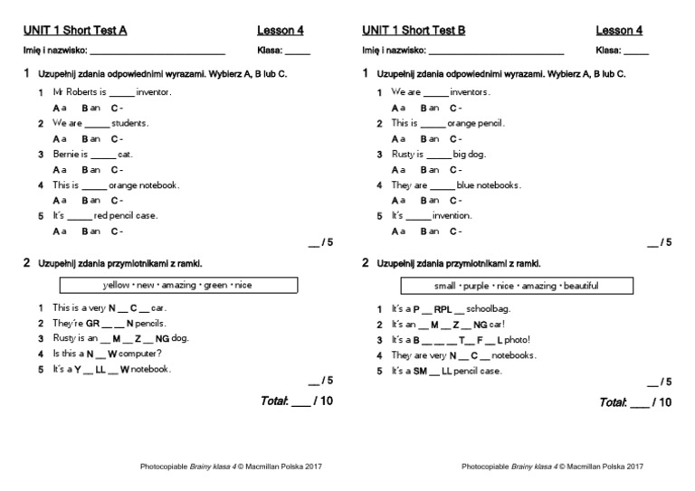 Brainy Klasa 4 Testy Unit 1 Brainy kl4 Short Tests Unit 1 Lesson 4 | PDF