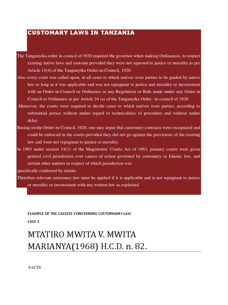 Customary Laws in Tanzania PDF Lawsuit Jurisdiction