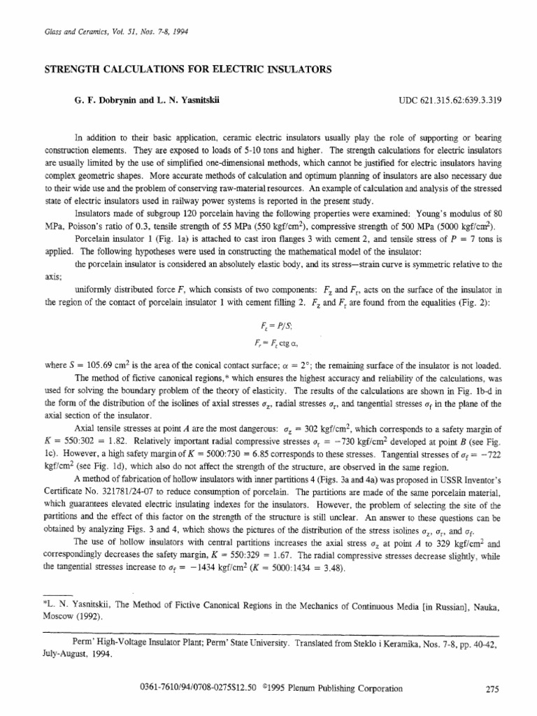 Strength Calculations For Electric Insulators PDF Strength Of