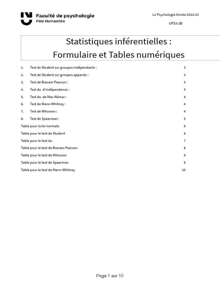 Formulaires et Tables Statistiques PDF | PDF | Test d'hypothèse ...