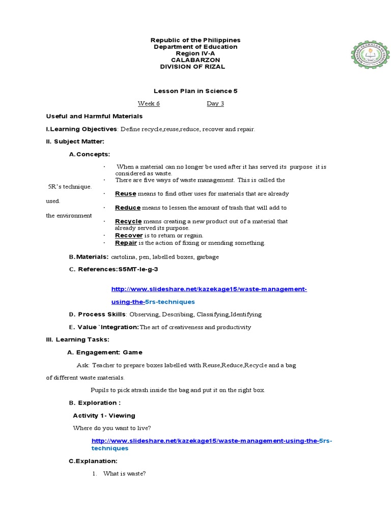 Lesson Plan: 5Rs of Waste Management | PDF | Recycling | Waste