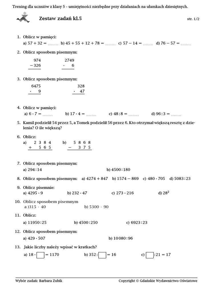 Dzialania Pisemne Klasa 4 Pdf Klasa 5 Dzialania Pisemne 28555 | PDF
