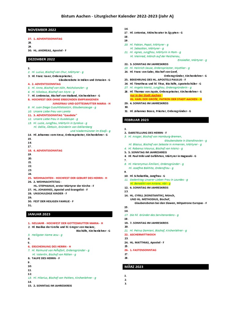 Bistum Aachen - Liturgischer Kalender 2022-2023 (Jahr A) | PDF