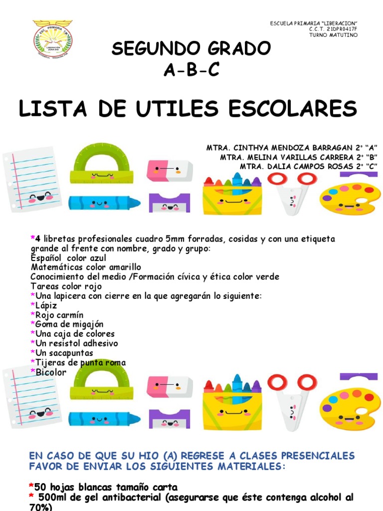 Lista de útiles segundo grado primaria | PDF