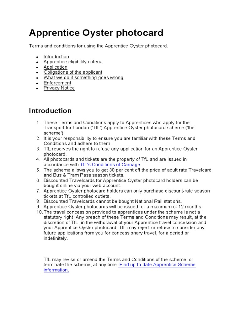 Apprentice Oyster Photocard Terms and Conditions PDF