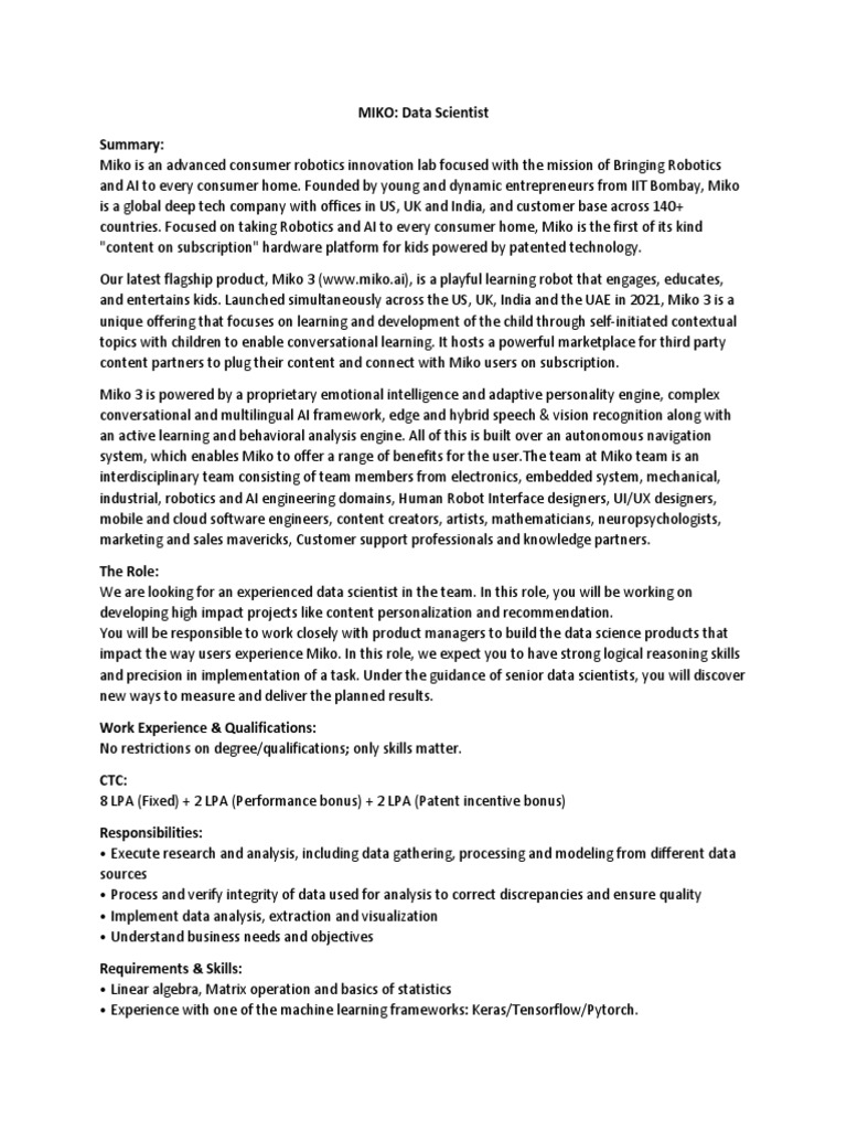 Data Scientist Role at Miko Robotics | PDF | Artificial Intelligence ...