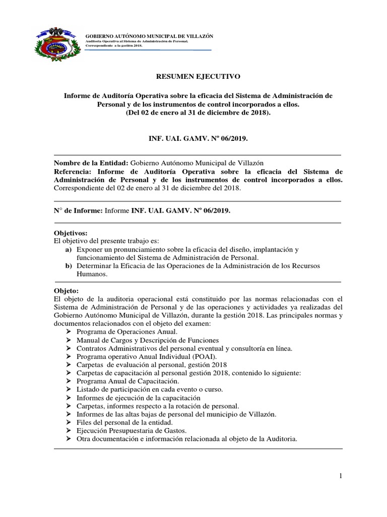 Resumen Ejecutivo Informe de Auditoria Operativa | PDF | Auditoría ...