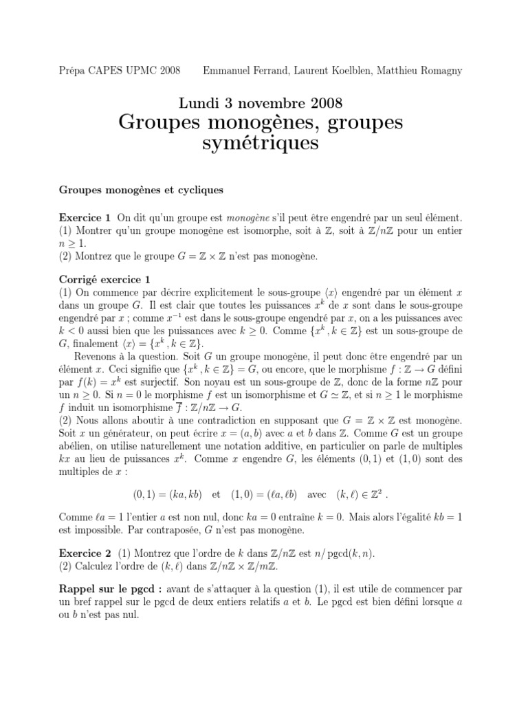 Groupes Monogènes et Exercices Corrigés | PDF | Permutation | Groupe ...