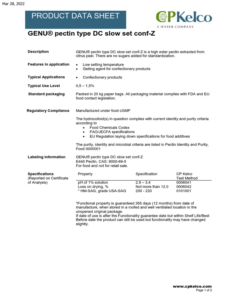 PDS GENU Pectin Type DC Slow Set ConfZ PDF Packaging And
