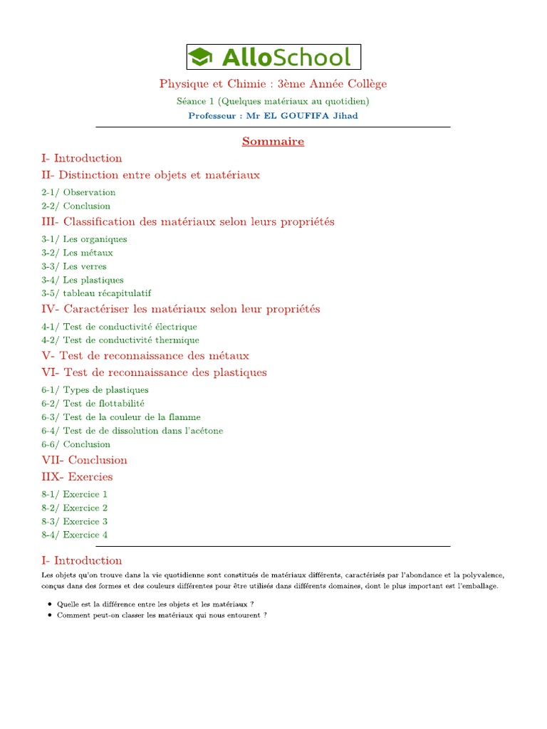 Seance 1 Quelques Materiaux Au Quotidien 1 | PDF