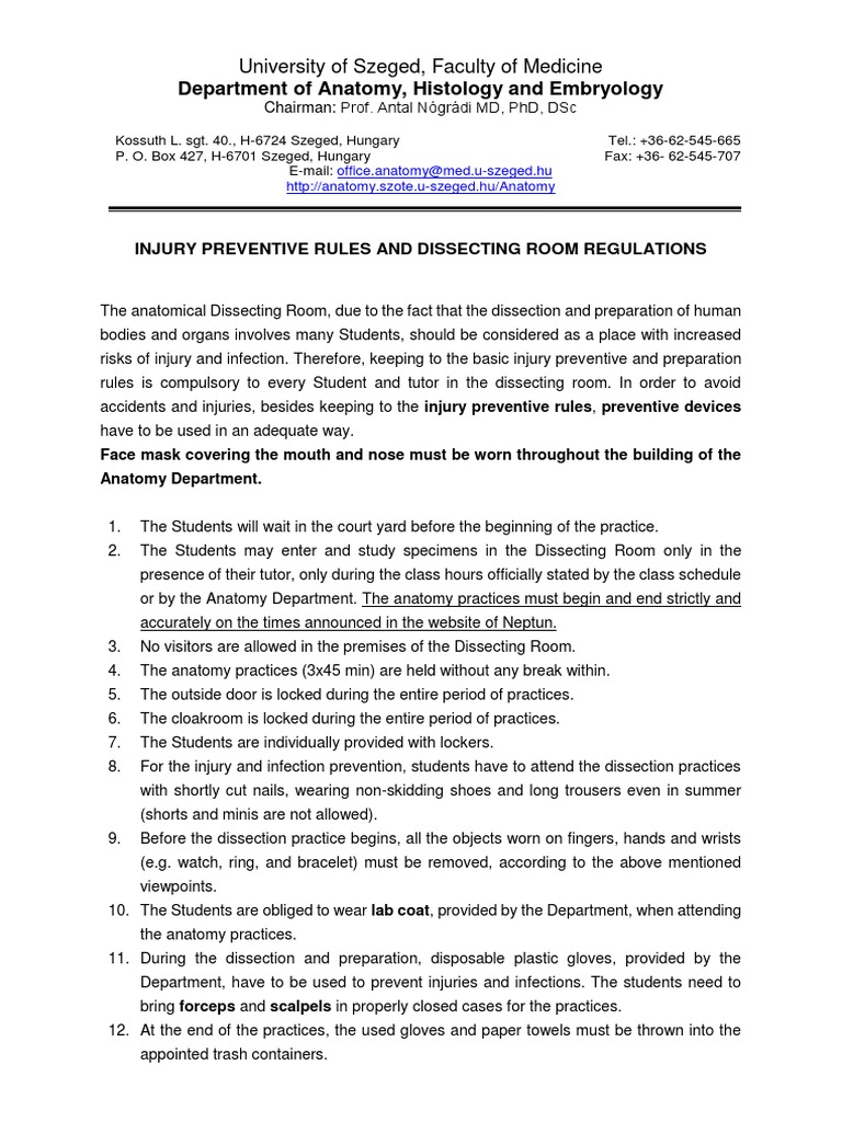 Injury Preventive Rules and Dissecting Room Regulations PDF Anatomy