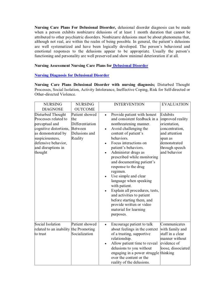 Nursing Care Plan for Delusions | PDF | Delusion | Mental Disorder