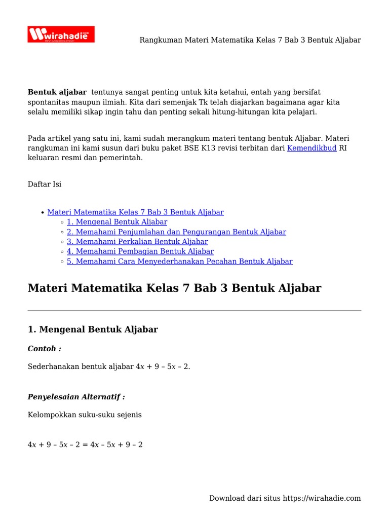 Rangkuman Aljabar Kelas 7 Bab 3 | PDF | Metode & Bahan Ajar | Komputer