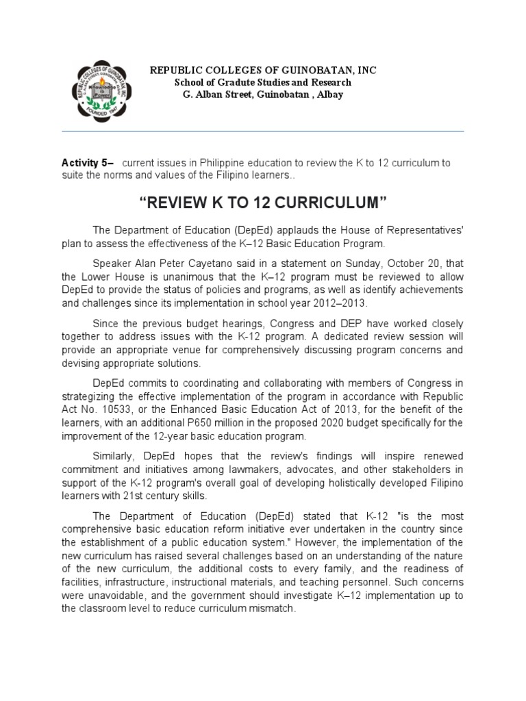 Activity 5 - Review K To 12 Curriculum | PDF | Curriculum | Teachers