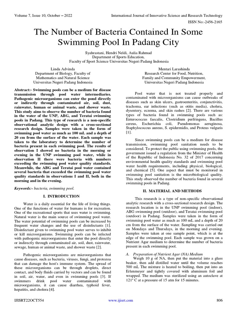 The Number of Bacteria Contained in Some Swimming Pool in Padang City