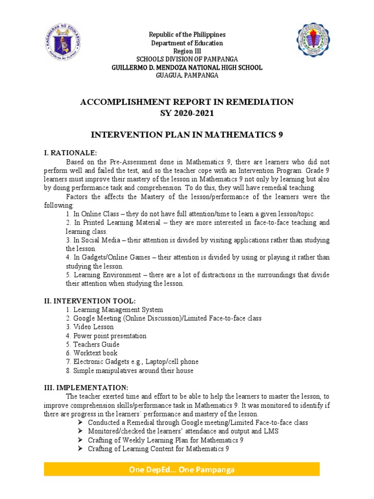 Mathematics 9 Remediation Report 2021 | PDF | Learning | Behavior ...