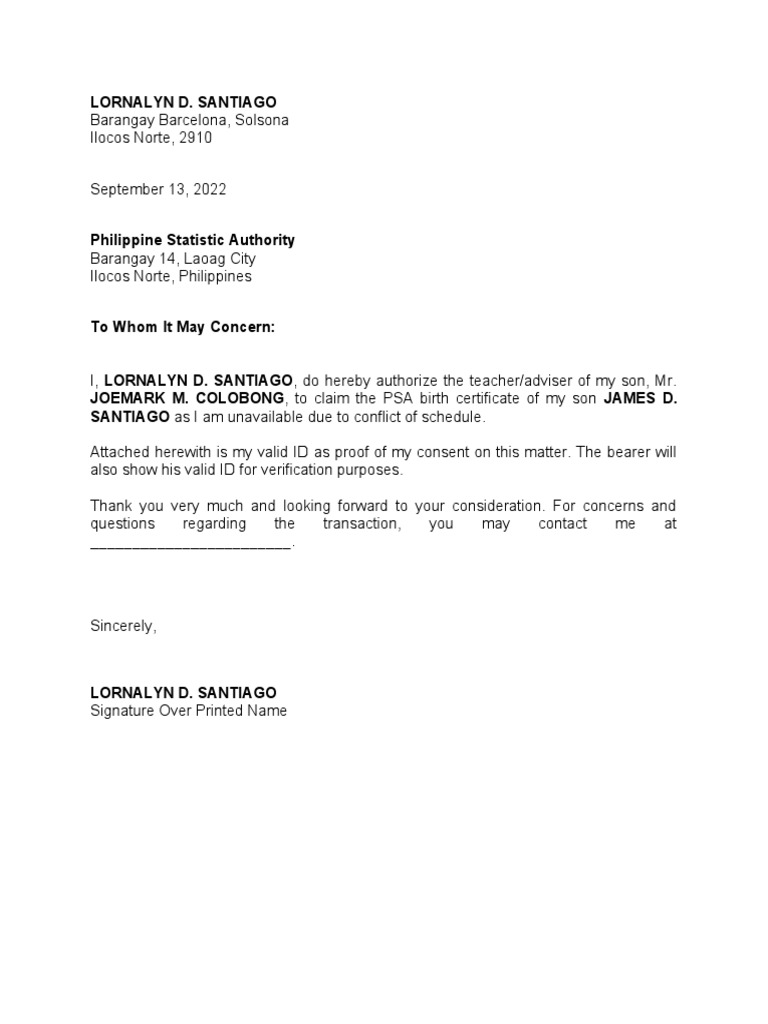 Authorization for PSA Birth Certificate | PDF | Social Science | Wellness