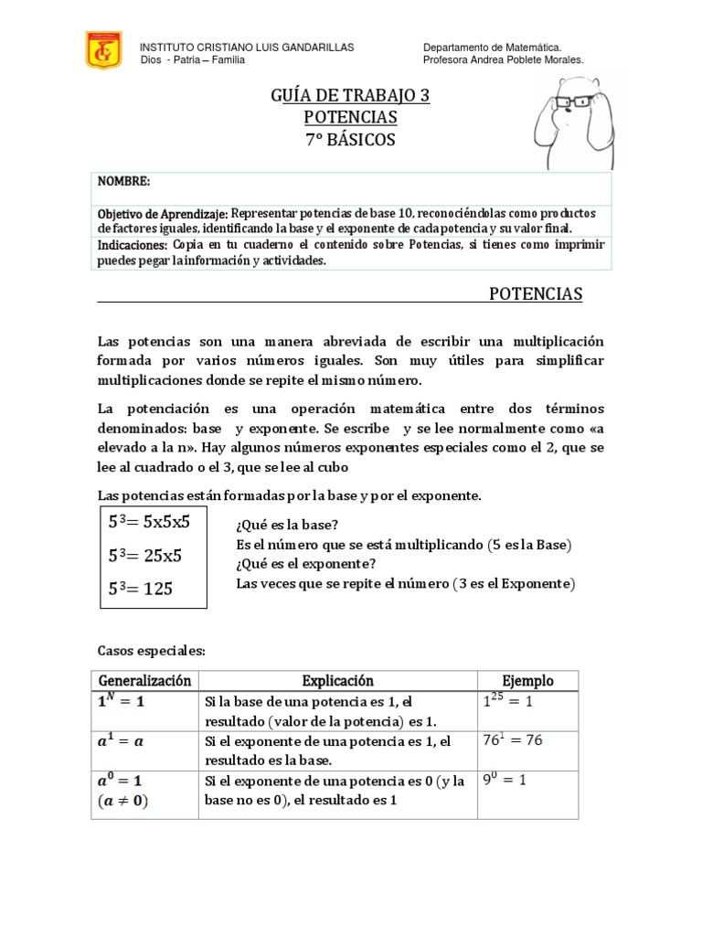 7 Básico Matemática Guía 3 Potencias Pdf Exponenciación