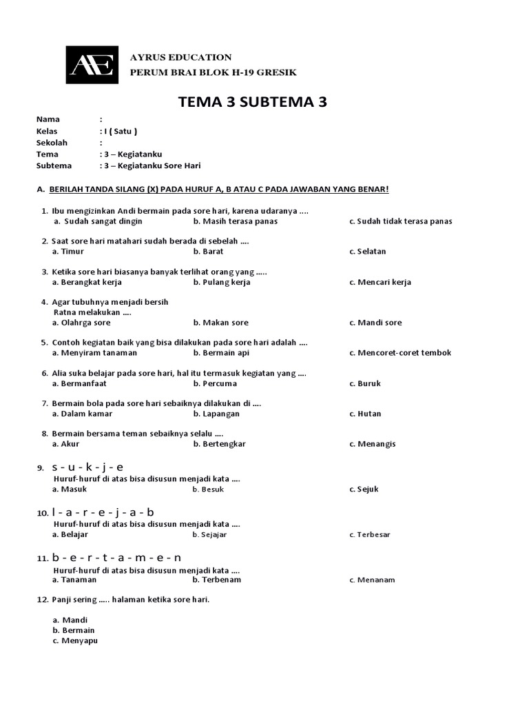Menjelajahi Dunia "Kegiatanku": Contoh Soal Tematik Kelas 1 SD untuk Stimulasi Belajar yang Menyenangkan