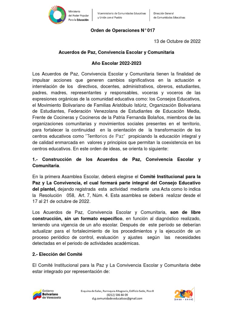 Orden de Operaciones Acuerdos de Paz y Convivencia | PDF