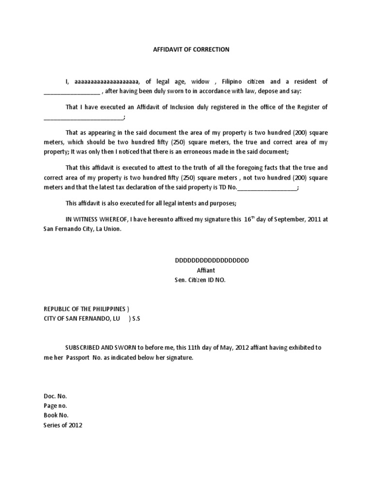 Affidavit of Correction Template | PDF | Social Science | Law