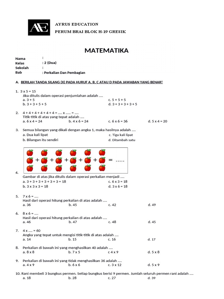 Soal Matematika Kelas 2 Sd Bab 5 Perkalian Dan Pembagian Ayrus