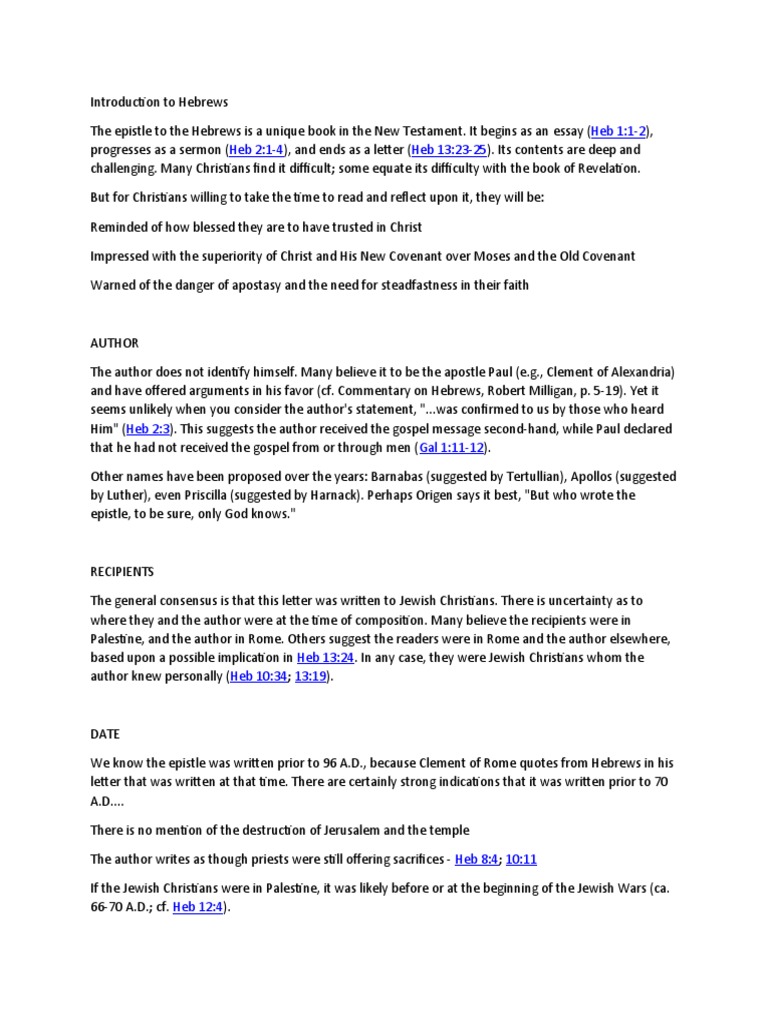 Introduction To Hebrews Pdf Epistle To The Hebrews Jesus